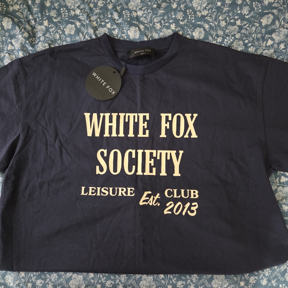 White Fox Navy Tee with Cream Print